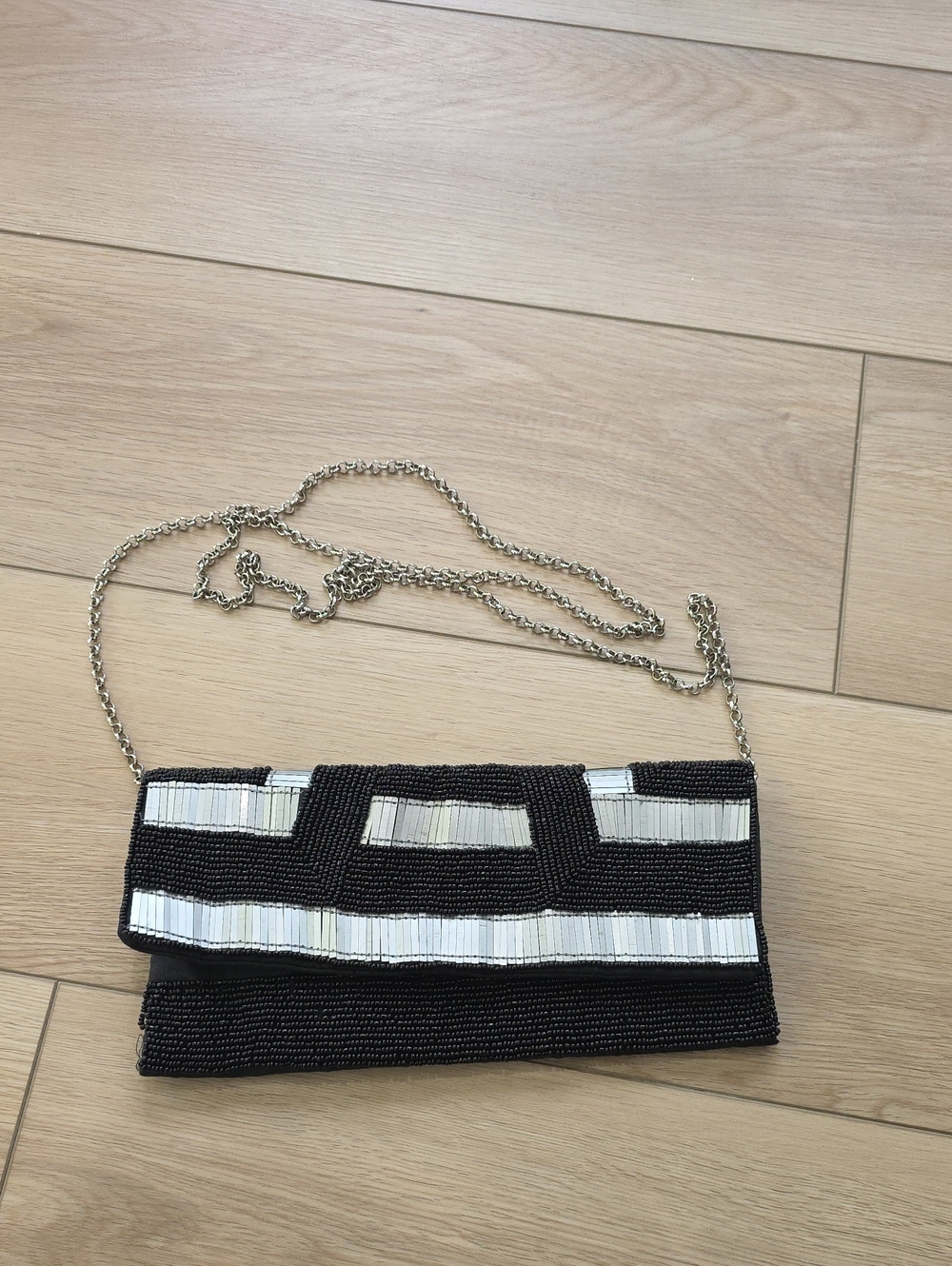 Beaded Black and White Chain Clutch